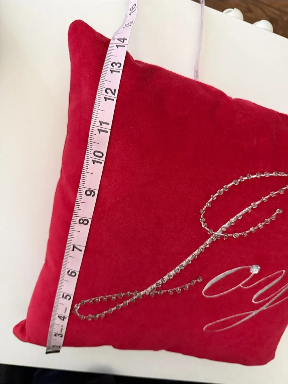 14x14 Red Bling Cursive Embroidered Joy Throw Decor Pillow